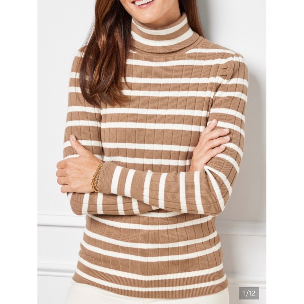 Talbots Puff Sleeve Ribbed Turtleneck L Camel Ivory Classic Stripe Cotton Blend